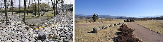 左：小さな将棋頭状の石垣で守られた徳島堰の開口部。 右：十六石（E）の遺構は現存しないが、近くの公園には、歩道を流路に見立て、十六石と高岩を模したモニュメントが置いてある。