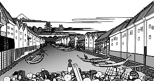 葛飾北 斎作『富岳三十六景江戸 日本橋』。近世日本の舟運 の一端を伺い知ることができる。