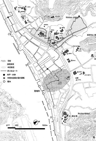 中世港町の都市構造を今でも色深く残す尾道 フィールドワークルートと主な要素プロット図