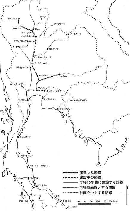 1906年タイ鉄道局の鉄道建設計画路線図。 前頁図ともに柿崎一郎『タイ経済と鉄道』日本経済評論社、 2000年より