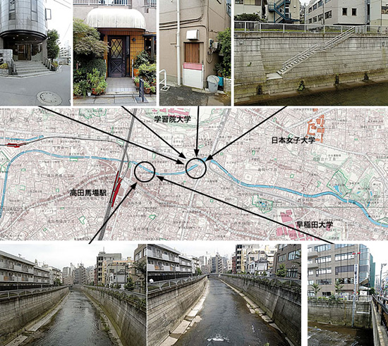 上段：神田川沿いを歩くと、建物が密集する中、水害に自衛で立ち向かう住宅に出会うことができる。 下段、左・中：左は６月29日、中は7月5日。梅雨模様の天気が続く中、神田川の水位に変化が見られるかと思い、同じ場所に立ってみた。 下段、右：増水による水位の上昇を知らせるための、警報サイレン。