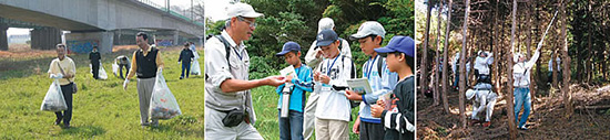 右：社員による森林保全活動（熊本県阿蘇郡） 中：2004年3月に開校した「森と水の学校」（熊本県南阿蘇）。 左：多摩川の清掃作業に参加する社員。