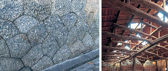 左：伝統の技を今に伝えながら、生業を続けているカクキュー。建物の土台に江戸中期に積まれた石垣も、当時のまま。 右：粘りの強い松材を生かして組まれた、蔵の梁。味噌づくりに欠かせない菌が住みついた昔ながらの蔵は、時間が育んでくれた大切な財産だ。