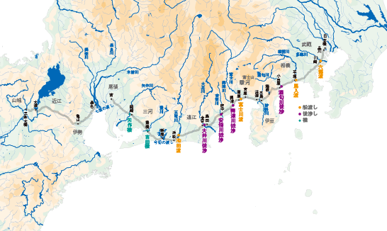 東海道の渡河地点。渡船と徒渉しと橋の3種類の渡河方法があることがわかる。