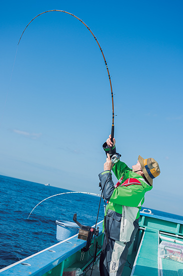 船長が指示するタナ（深さ）に仕掛けを投じて、数十秒に一度竿をあおって魚を誘う。4〜5分で新しいエサに換える