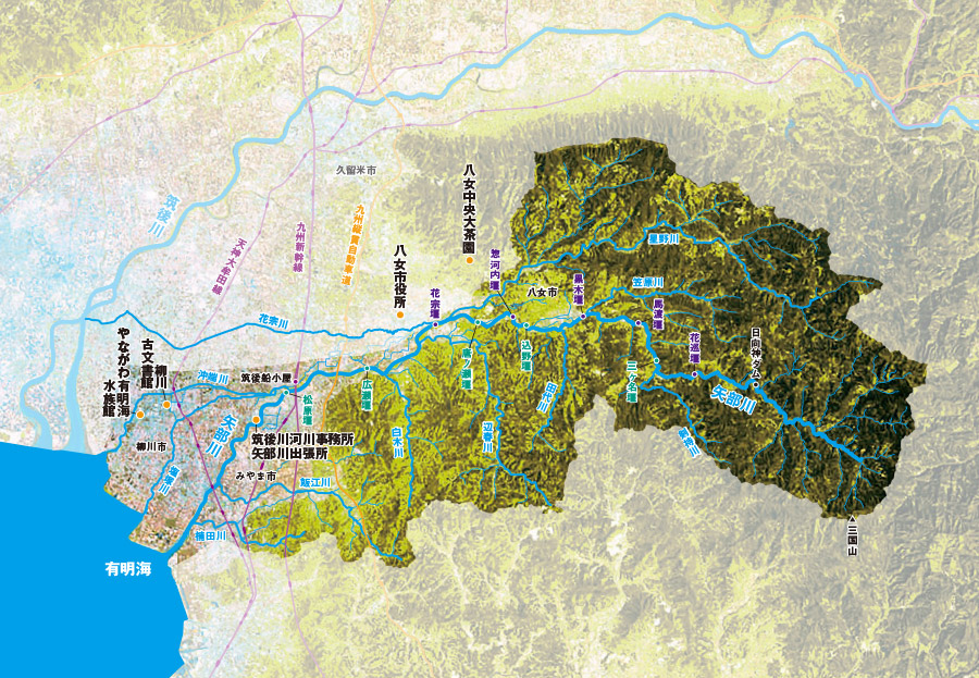 矢部川流域の地図