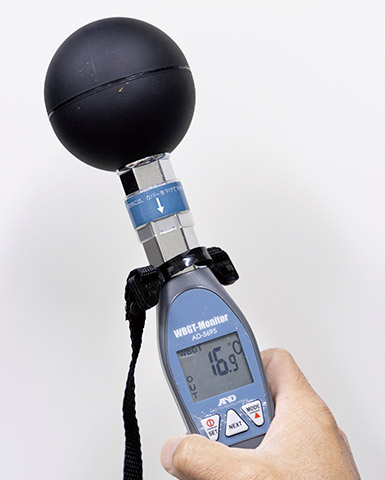 暑さ指数を測定する電子式装置。屋外ではこの黒球が付いたものを用いるとより正確に測れる