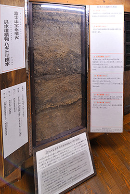 金井島にある瀬戸屋敷には、富士山宝永噴火のスコリアが一目でわかる〈はぎ取り標本〉がある。