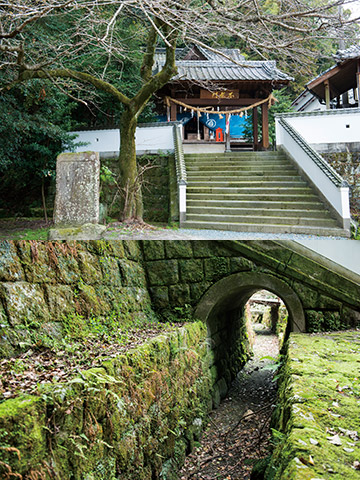 武家屋敷から北へ約2kmの距離にある温泉熊野神社と水のない水路。開発が進んだ関係で数年前から湧水の量が減っている