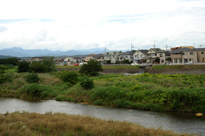 浅川左岸に立ち並ぶ家々