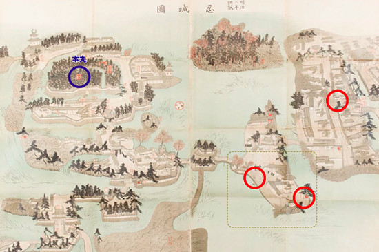 （図5）『明治六年調製忍城図』行田市郷土博物館蔵（赤丸は井戸や水場の位置を示す）