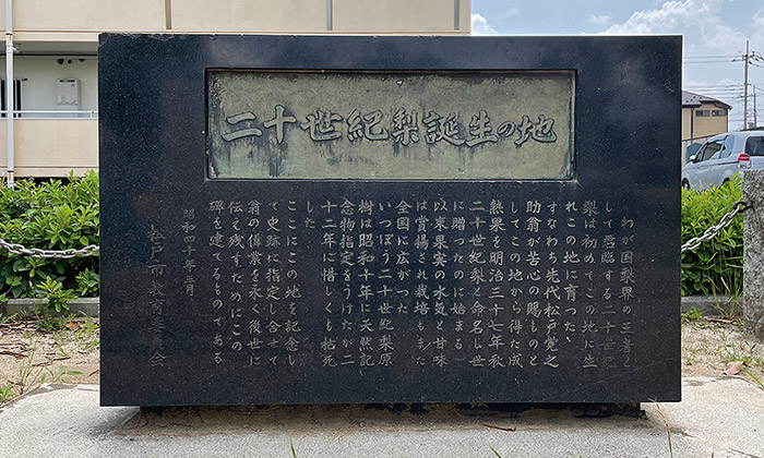 ｢二十世紀梨」誕生の地に建てられた碑（千葉県松戸市）。「二十世紀梨」は松戸覚之助氏（当時13歳）によって発見された