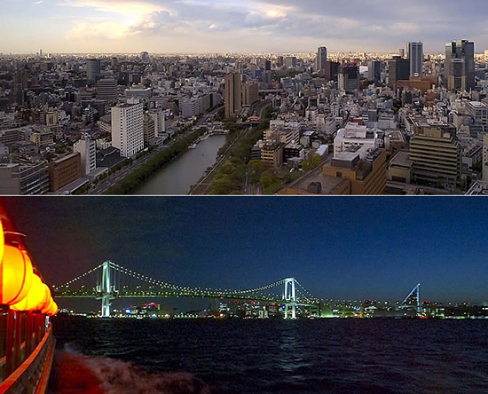 上:法政大学ボアソナードタワーから、東京・飯田橋駅前 中央線に沿った外堀を見下ろす。 下:東京の下町を夕暮れどきに出航した屋形船がレインボ ーブリッジをくぐるころには、残っていた日差しもすっか り暮れている。