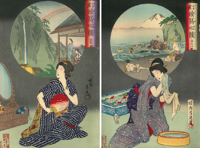 1890年（明治23）に描かれた楊洲周延（ようしゅうちかのぶ）「幻燈写心竸 温泉」（左）と「幻燈写心竸 海水浴」（右） 國學院大學博物館蔵