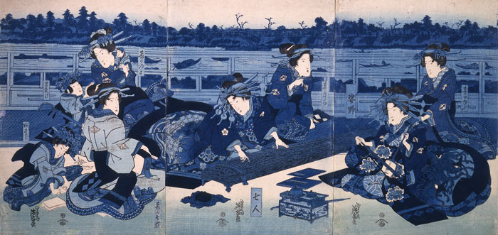 渓斎英泉（けいさいえいせん）「仮宅の遊女」1835年（天保6）千葉市美術館蔵　濃度の異なる藍色を重ねて刷る「藍絵（あいえ）」だ