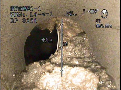 下水道管の内部。土砂が入り込み、継手のズレが発生している