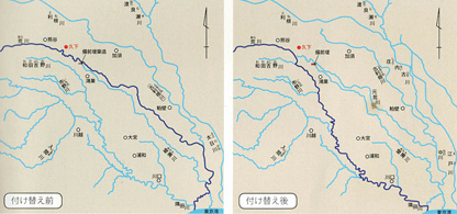 1629年の荒川の流路付け替え前後の地図