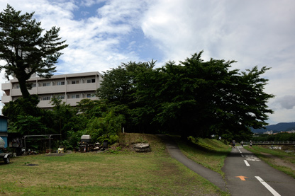 堤防の切れ目に建つ家や木