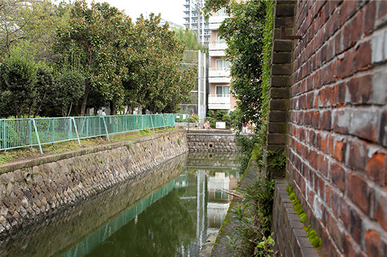 住吉神社の裏手を流れる佃川支川。