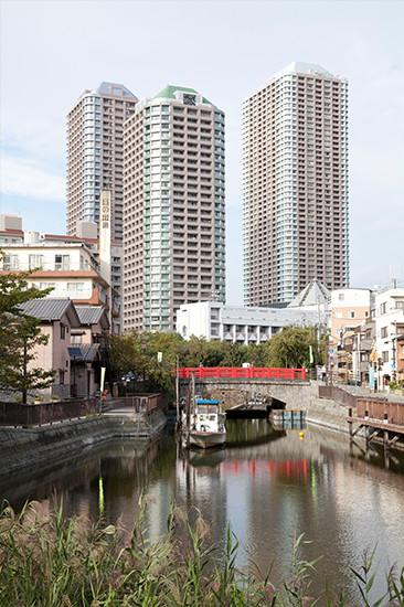 佃公園から見た掘割（佃島支川）と石川島の高層マンション群