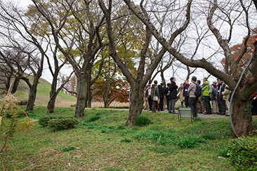 参加者の集まっているところが石田堤の遺構の一部。少し高くなっているのがわかる