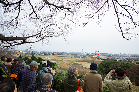 古墳の頂上から忍城方面を眺める。赤丸が忍城の本丸跡に建てられた三階櫓