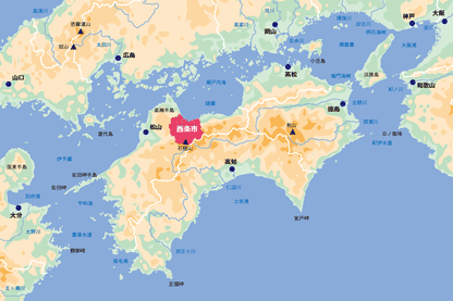 愛媛県西条市の広域マップ