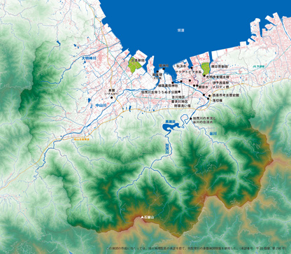 愛媛県西条市の地形図と主な視察ポイント