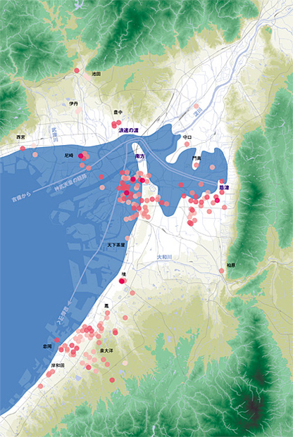 安政南海地震による大阪平野部の震度分布と、弥生時代の海岸線