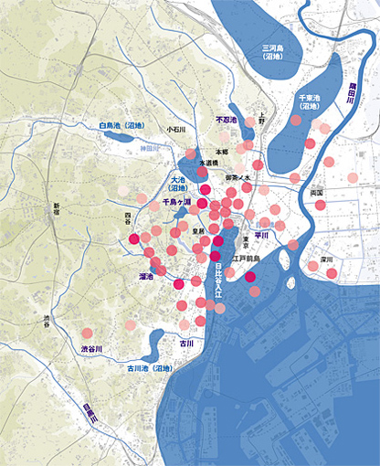 元禄地震の震度分布と、1460年ごろの東京の地形