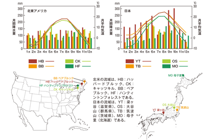 北東アメリカと日本の代表的な森林流域の月平均気温と月降水量