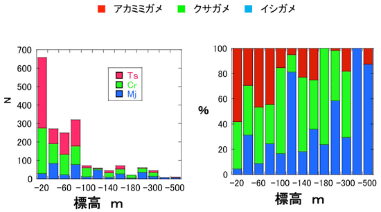 標高20mごとの種別出現数と割合