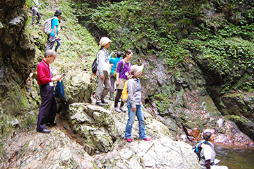 払滝の滝に向かい、滝を鑑賞している参加者