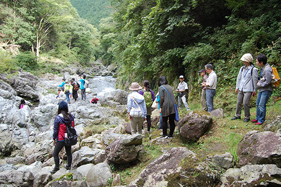 中山の滝を色んな角度から見たり、水の流れの音を聞いたりしている参加者