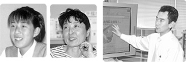 鹿島桐子さん 三宅貴久子先生インターネットを利用した学習を説明する東宏明先生。この大きな画面に上流4校のこどもたちの顔が映り同時討議をしたり、お互いの調査研究結果を交換する。