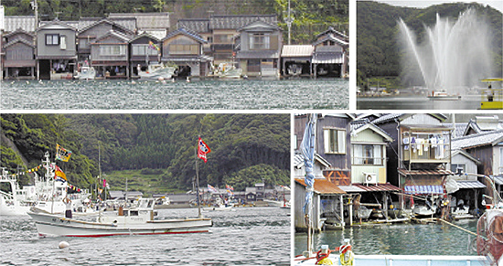 大会では海の男も大活躍。地元伊根漁師による漁船パレードと、消防船による一斉放水。右下： 伊根の舟屋 伊根といえば舟屋。1階が船庫となっている。船が大型化し軒先に係留している家も多い。