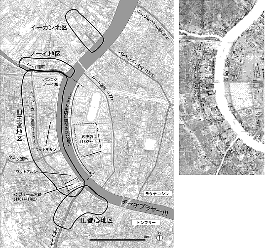 左：チャオプラヤー川を挟んで西側がトンブリー東側がラタナコシン　右：1932年のバンコク