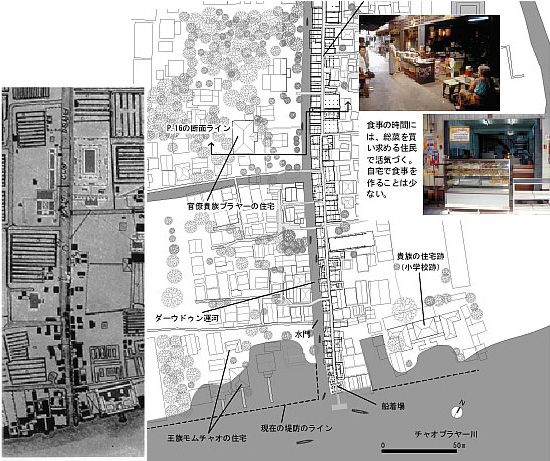イーカン地区　現況図 （右）と1932年の地図 （左）を比べると、チャオプラヤー川側から寺院に向かって店舗が増え、また内陸の上岸から運河側の下岸に向かって店舗がつくられていったことが読みとれる。
