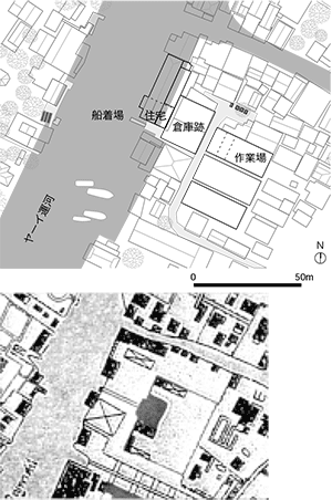 産業拠点　現況図（上）と1932年の地図（下）を比べると、宮殿跡を利用して作られたことが解る。