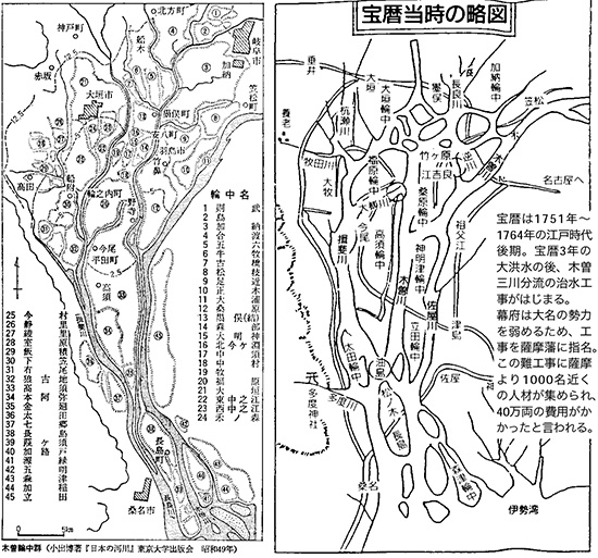 宝暦は1751年〜1764年の江戸時代後期。宝暦3年の大洪水の後、木曽三川分流の治水工事がはじまる。 幕府は大名の勢力を弱めるため、工事を薩摩藩に指名。この難工事に薩摩より1000名近くの人材が集められ、40万両の費用がかかったと言われる。