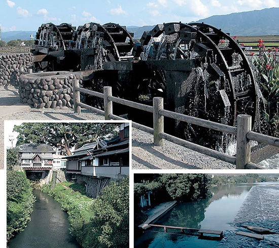 上：福岡県朝倉町の三連水車 　 下右：三連水車を回す堀川が筑後川から取水される山田堰　下左：堀川