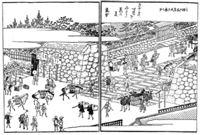 左：四谷大木戸を肥桶をつけた馬が行く。『江戸名所図会』