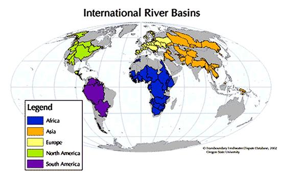 図1：国際流域の分布を見るとアフリカ大陸は国際流域の割合が多い地域