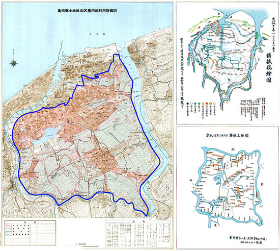 地図で見ると、新潟が信濃川と阿賀野川の河口にできた町であることを実感する。色の濃い所が市街地。線で囲われた部分がすべて亀田郷土地改良区で、新潟駅のすぐそばまで含まれている。