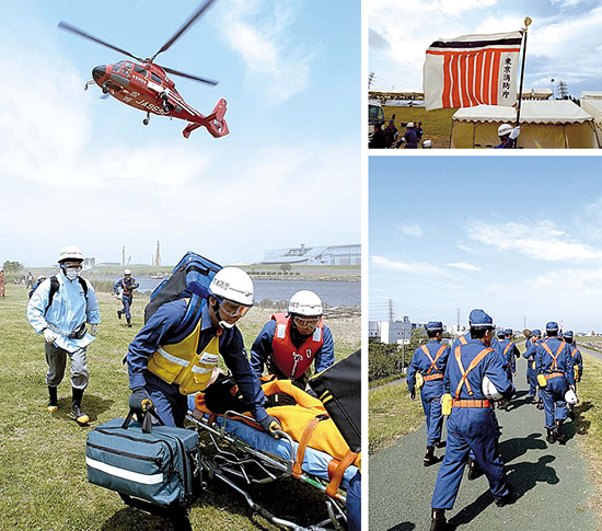 ５月は水防月間。毎年この時期に、全国で大規模な水防演習が行なわれる。水防の一翼を担っているのも、消防署と消防団だ。東京では、５月18日に板橋消防署管内の荒川河川敷で演習が行なわれた。