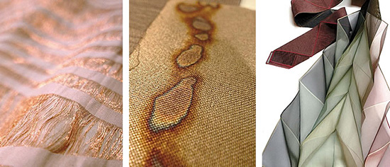 下右は同じ手法で切れ目を入れないタイプの「折り紙プリーツ」。その他、廃電話線を利用して、縦糸に綿、横糸に銅線を使ったり（下左）、ステンレスを束にしてつくった繊維で平織りした布をバーナーで焼いた布（下中、試作品）など、従来では考えられなかった方法や素材で布づくりが行なわれている。
