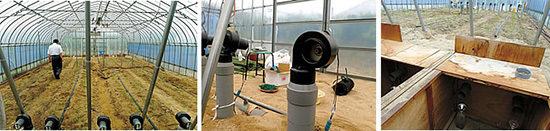 水蒸気回収装置が設置された温室。地中を通すパイプにはファンを取り付けて、強制的に空気を循環させる。