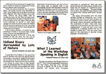 子ども特派員が記事を編集した、A4、３頁「AQUA KIRARI NEWS」英語版。