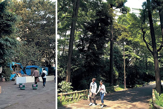 左：公園にあるブルーテントを撮影するのに、そこの住人と少し話をした。「ここにはいろんな人がいて、もう少し猶予を必要としている人もいるんだ」と言っていた。場所が特定できる写真が掲載されると、追い出しの圧力が高まる場合があるそうだ。 右：東京・井の頭公園のお茶の水前