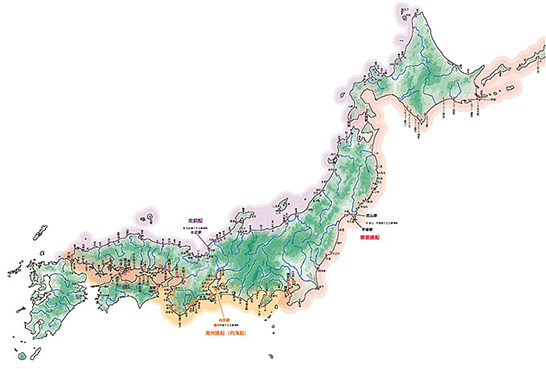 19世紀における北前船、尾州廻船（内海船）、奥筋廻船の航海圏